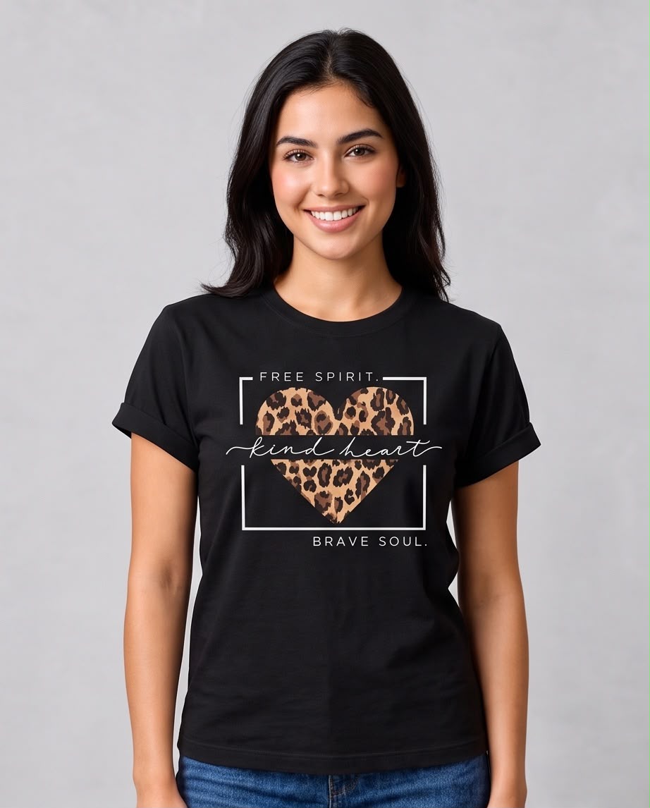 Vista frontal de camiseta negra de mujer con corazón animal print