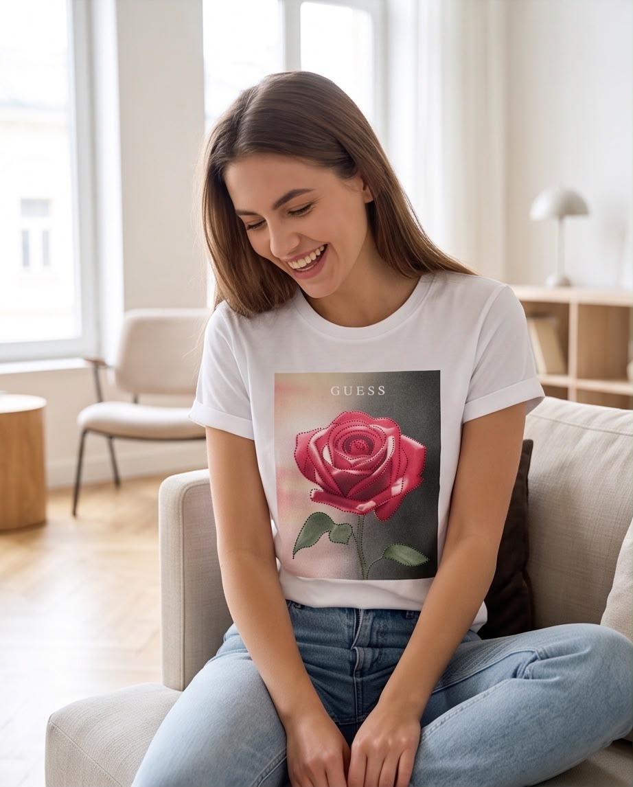 Detalle del estampado Guess con rosa rosada y hojas verdes sobre camiseta blanca
