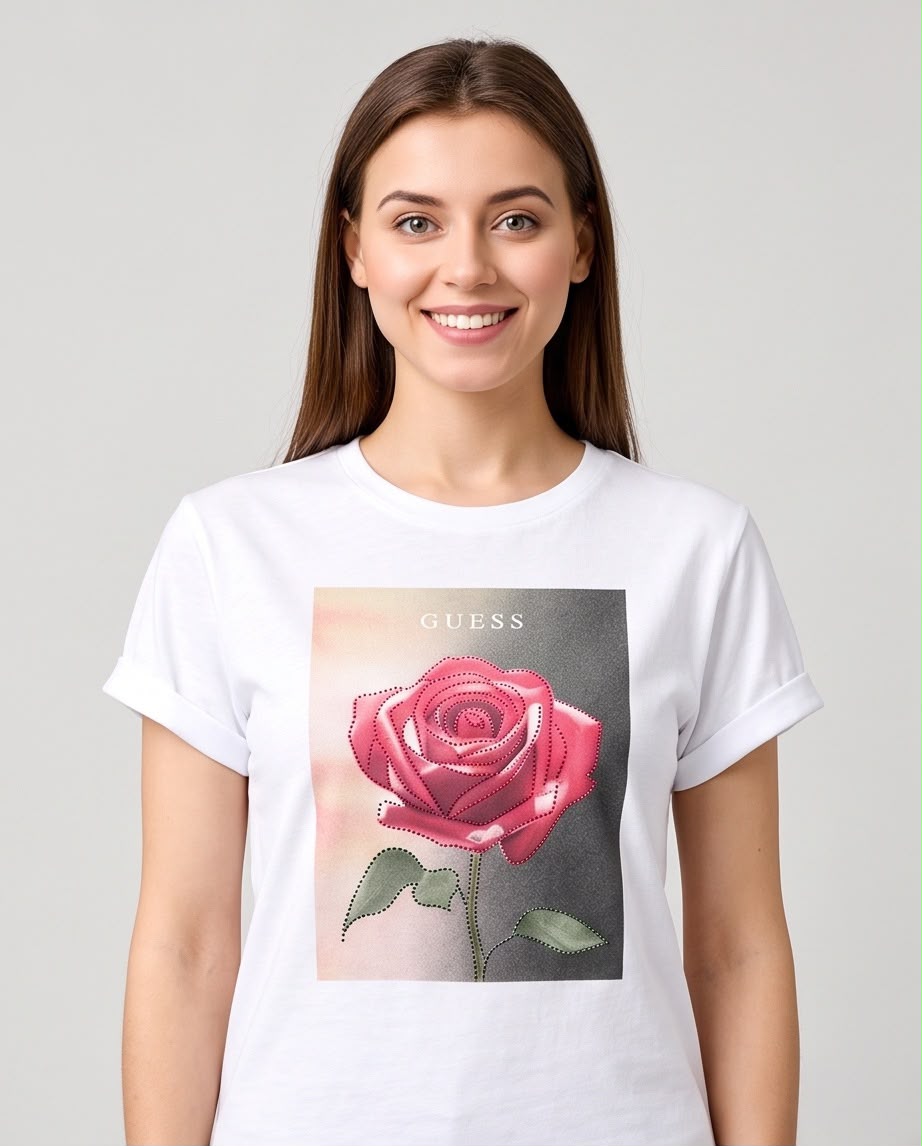 Camiseta blanca Guess con rosa rosada, modelo sentada en interior