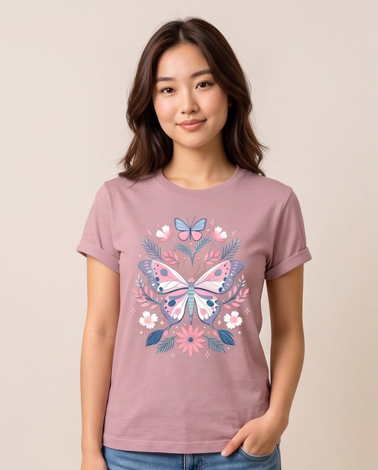 Camiseta rosa palo de mariposa floral para mujer, modelo en exterior