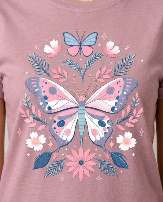 Detalle del estampado de mariposa rosa y azul rodeada de flores sobre camiseta rosa palo