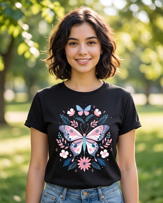 Detalle del estampado de mariposa rosa y azul entre flores sobre camiseta negra