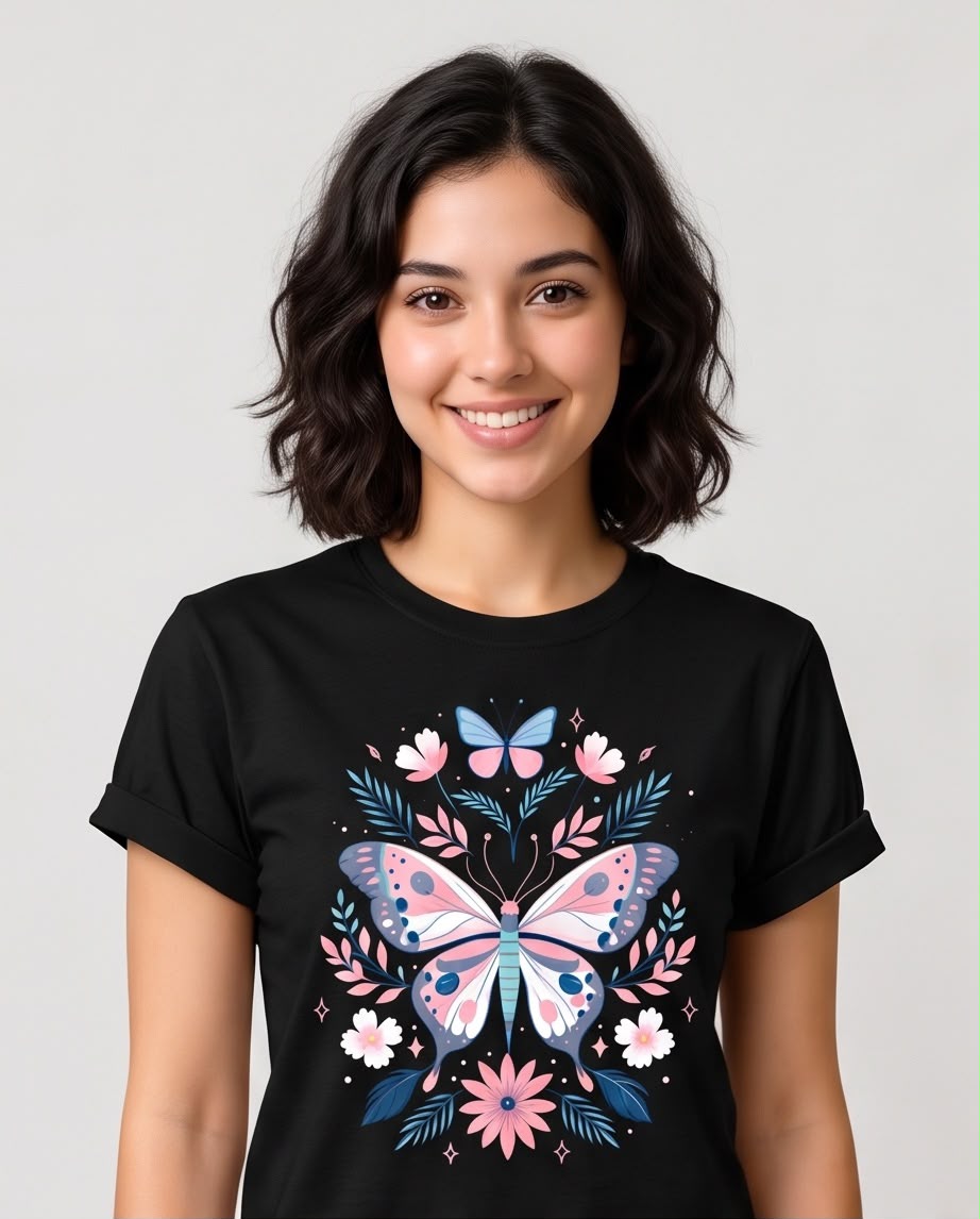 Camiseta negra mariposa floral para mujer, vista lateral