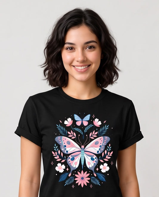 Camiseta negra mariposa floral para mujer, vista lateral