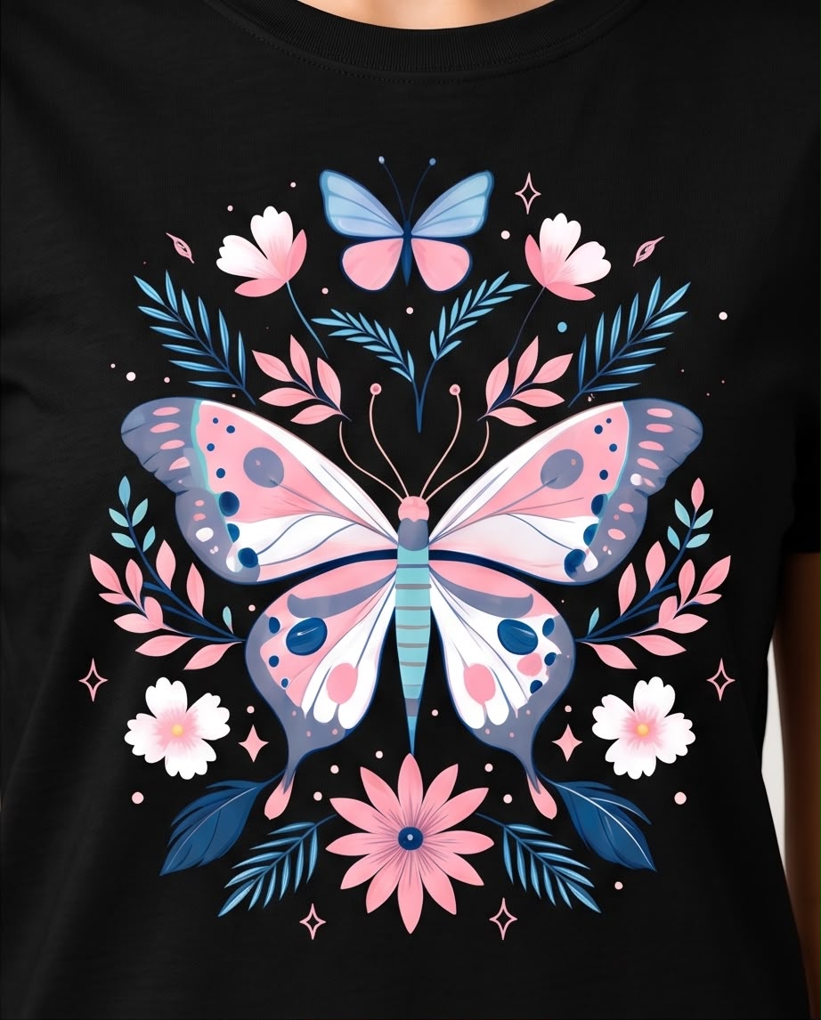 Camiseta negra con mariposa rosa y azul para mujer, modelo en exterior