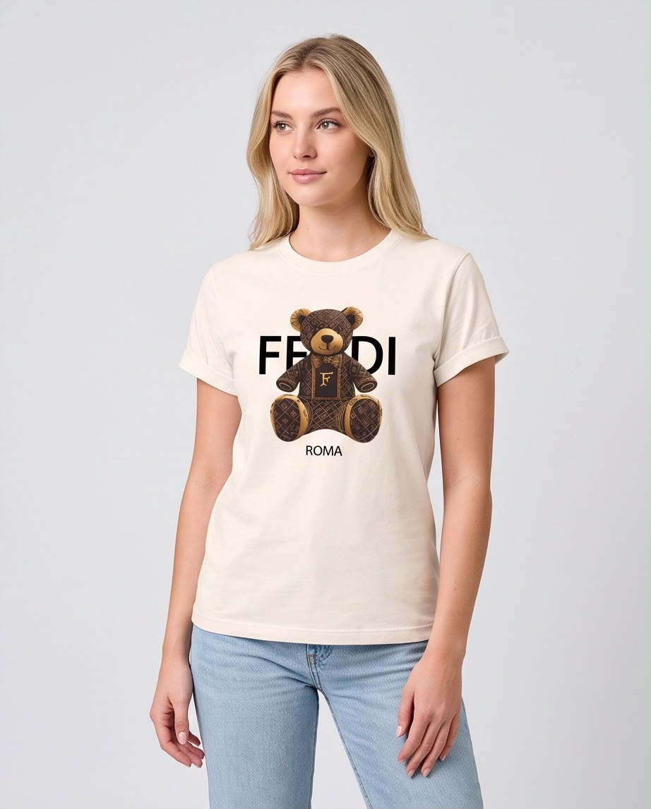 Camiseta marfil Fendi Roma oso marrón para mujer, vista frontal