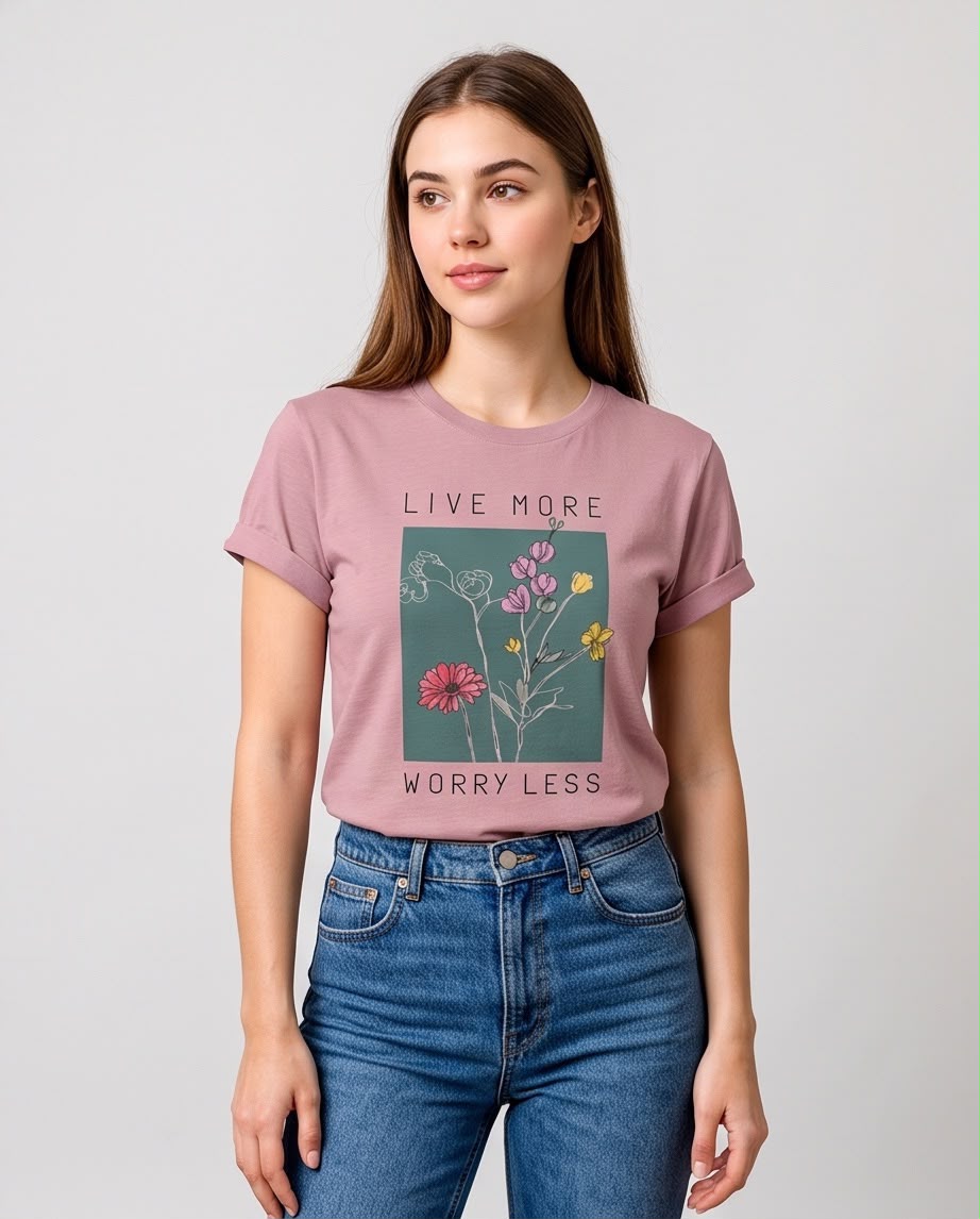 Detalle del estampado floral en recuadro verde y frase Live More Worry Less