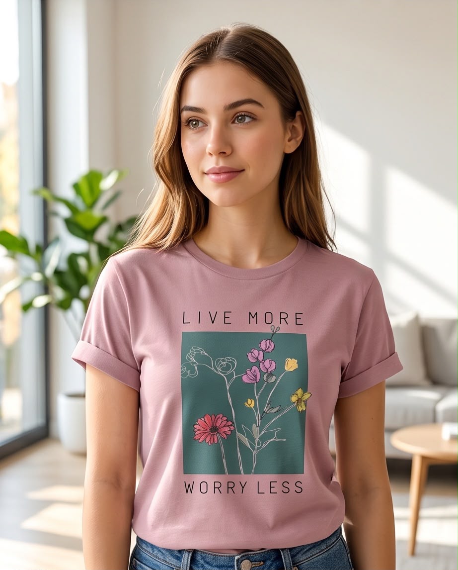 Camiseta rosa palo Live More Worry Less floral para mujer, vista frontal con jeans