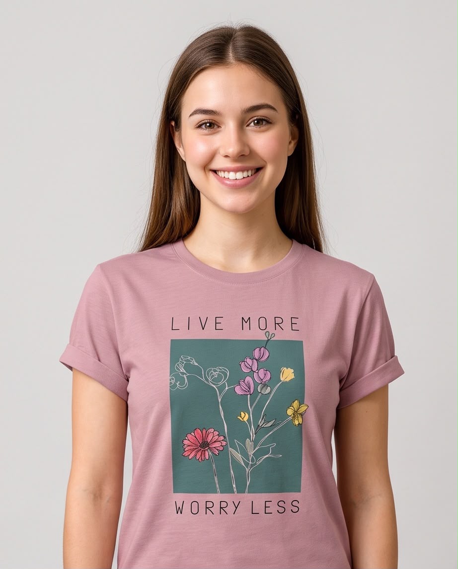 Camiseta rosa palo con flores y frase Live More Worry Less, vista de medio cuerpo