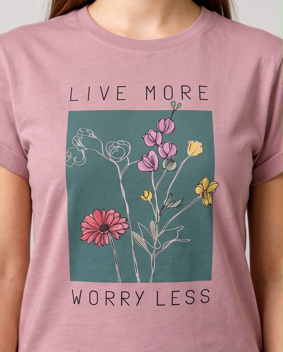 Camiseta rosa palo floral Live More Worry Less para mujer en interior