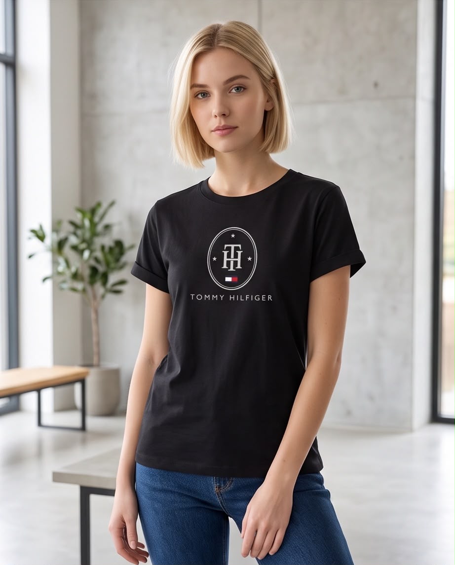 Camiseta negra Tommy Hilfiger monograma TH ovalado para mujer, modelo en interior