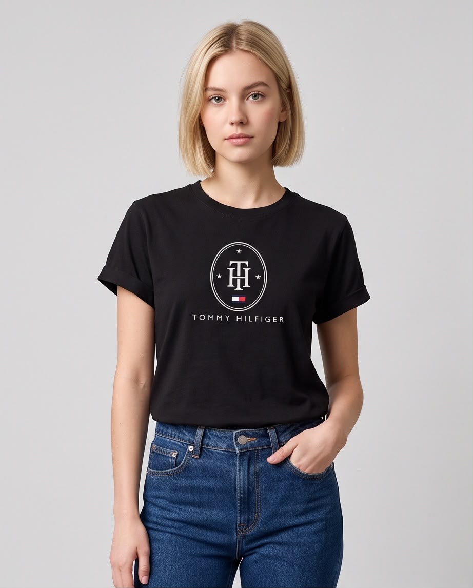 Camiseta negra Tommy Hilfiger TH ovalado para mujer, vista de cuerpo completo