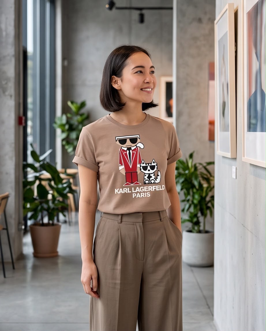 Camiseta camel Karl Lagerfeld con personaje rojo y gato, vista de cuerpo completo
