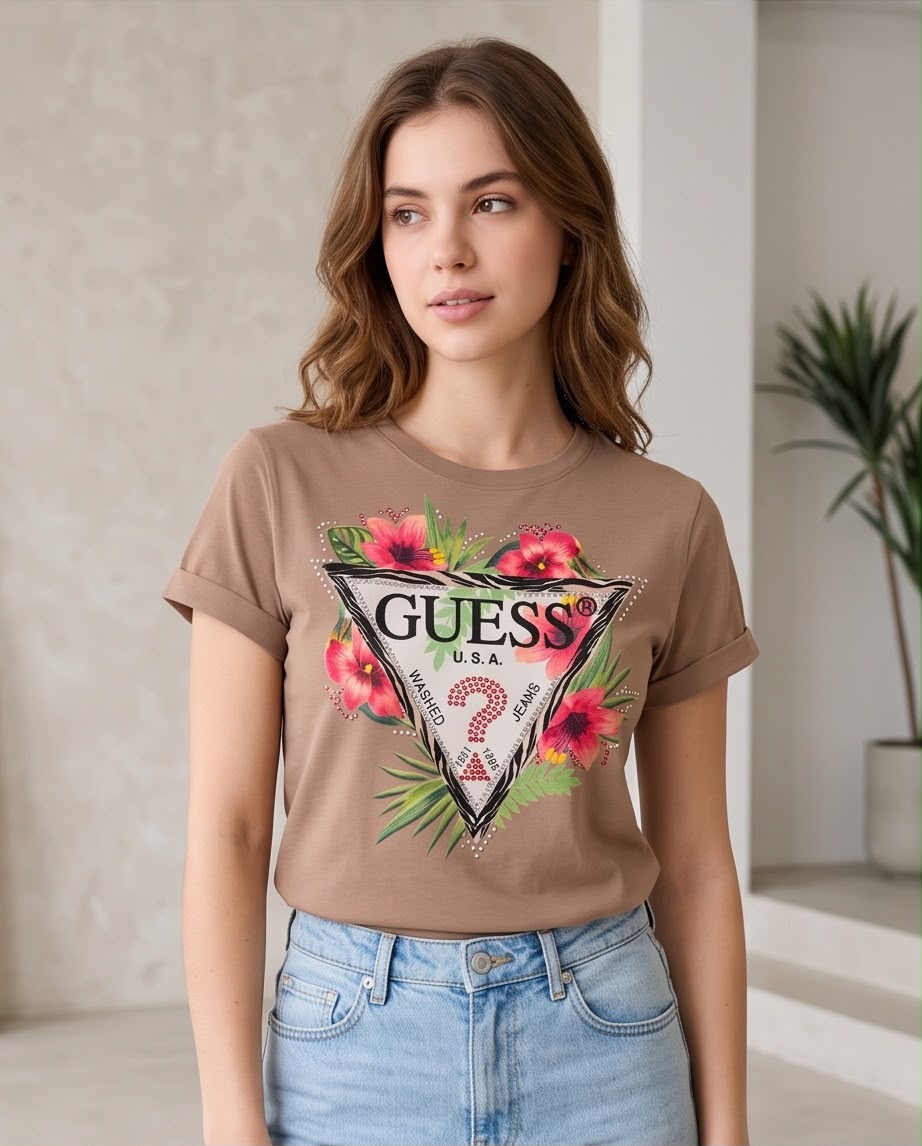 Camiseta camel Guess triángulo floral con hibiscos para mujer, vista en interior
