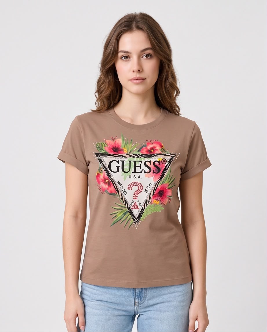 Camiseta camel Guess floral hibiscos para mujer, vista frontal