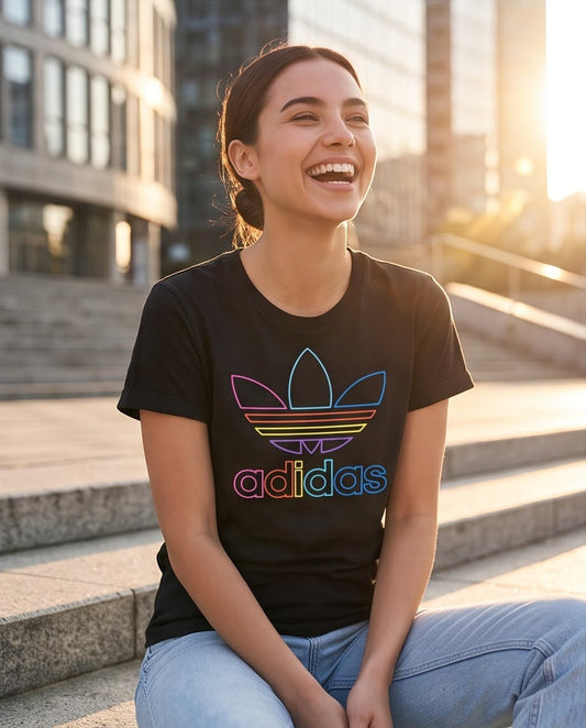 Detalle del estampado adidas Trefoil multicolor estilo arcoíris sobre tela negra