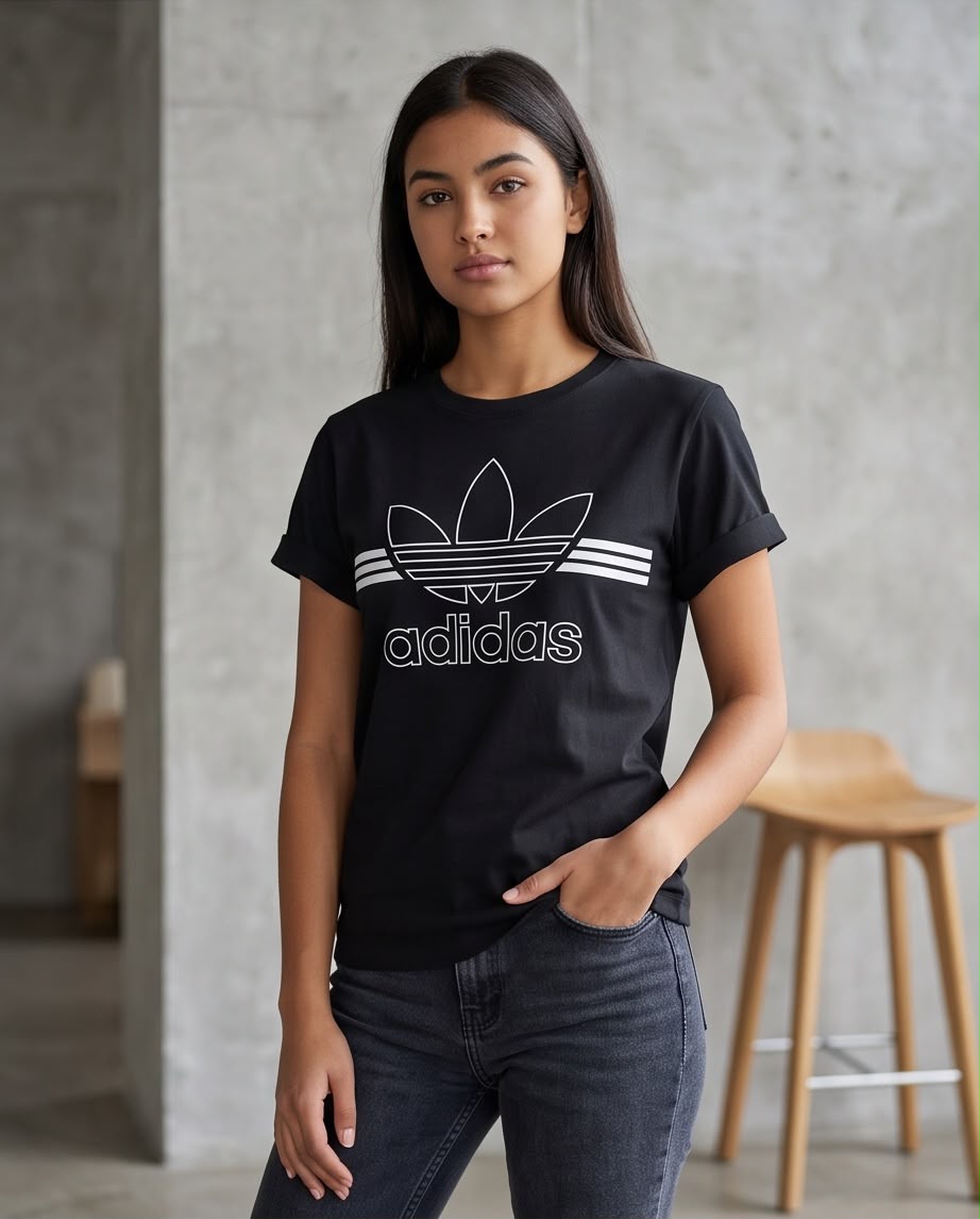 Camiseta negra adidas Trefoil grande para mujer, vista frontal