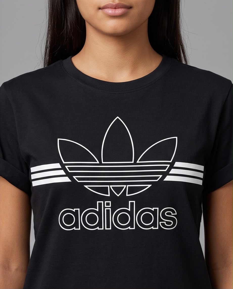 Camiseta negra adidas Trefoil grande con franjas blancas para mujer, modelo en interior