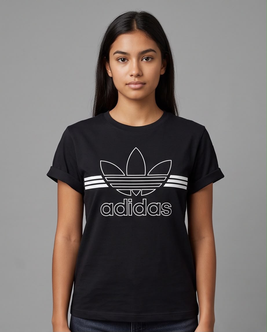 Detalle del trébol adidas grande de contorno blanco y franjas horizontales
