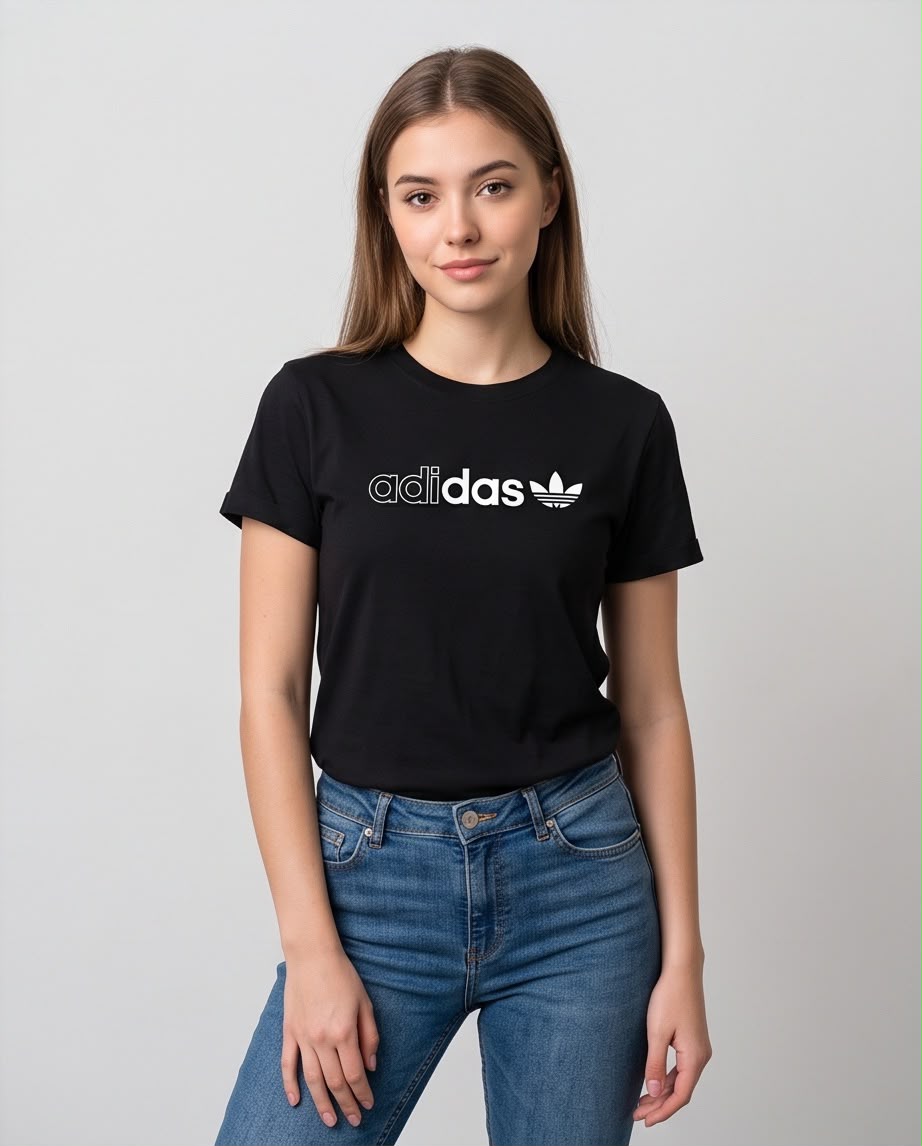 Camiseta negra adidas con logo blanco para mujer, vista de medio cuerpo
