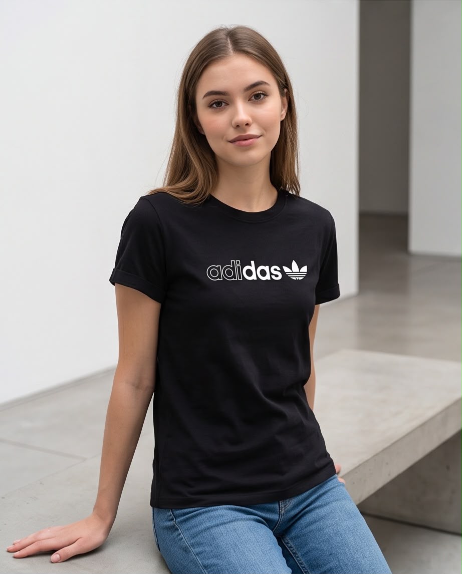 Camiseta negra de mujer con logo adidas blanco y trébol Trefoil, vista frontal