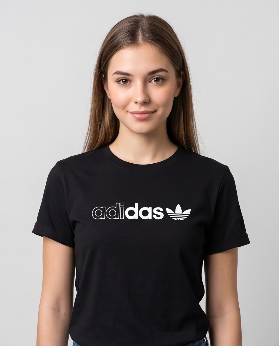 Detalle del estampado adidas blanco con trébol Trefoil sobre camiseta negra