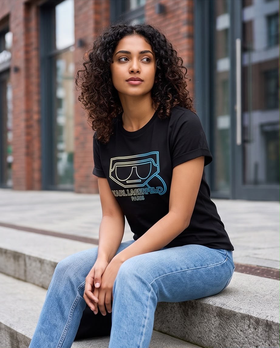 Camiseta negra Karl Lagerfeld Paris con gafas en contorno azul, vista frontal