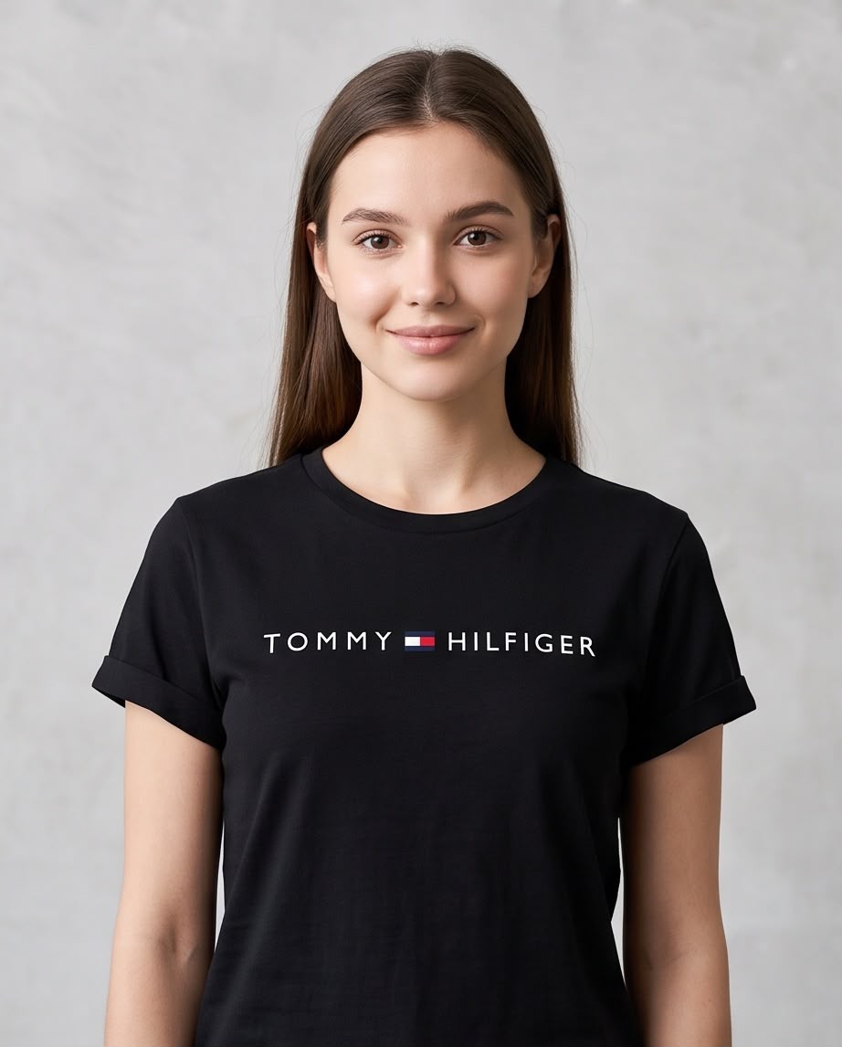 Camiseta negra Tommy Hilfiger logo bandera para mujer, vista frontal