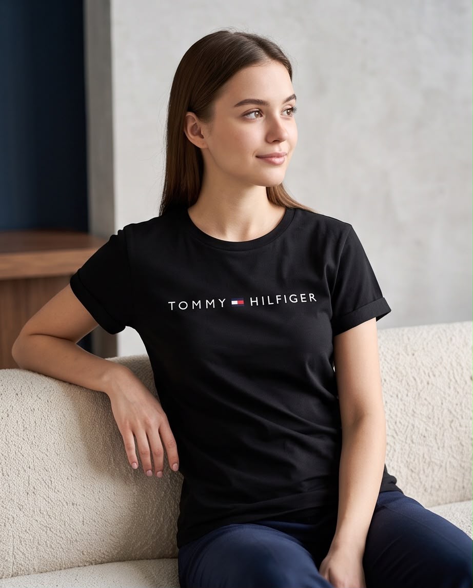 Camiseta negra Tommy Hilfiger de mujer, vista lateral