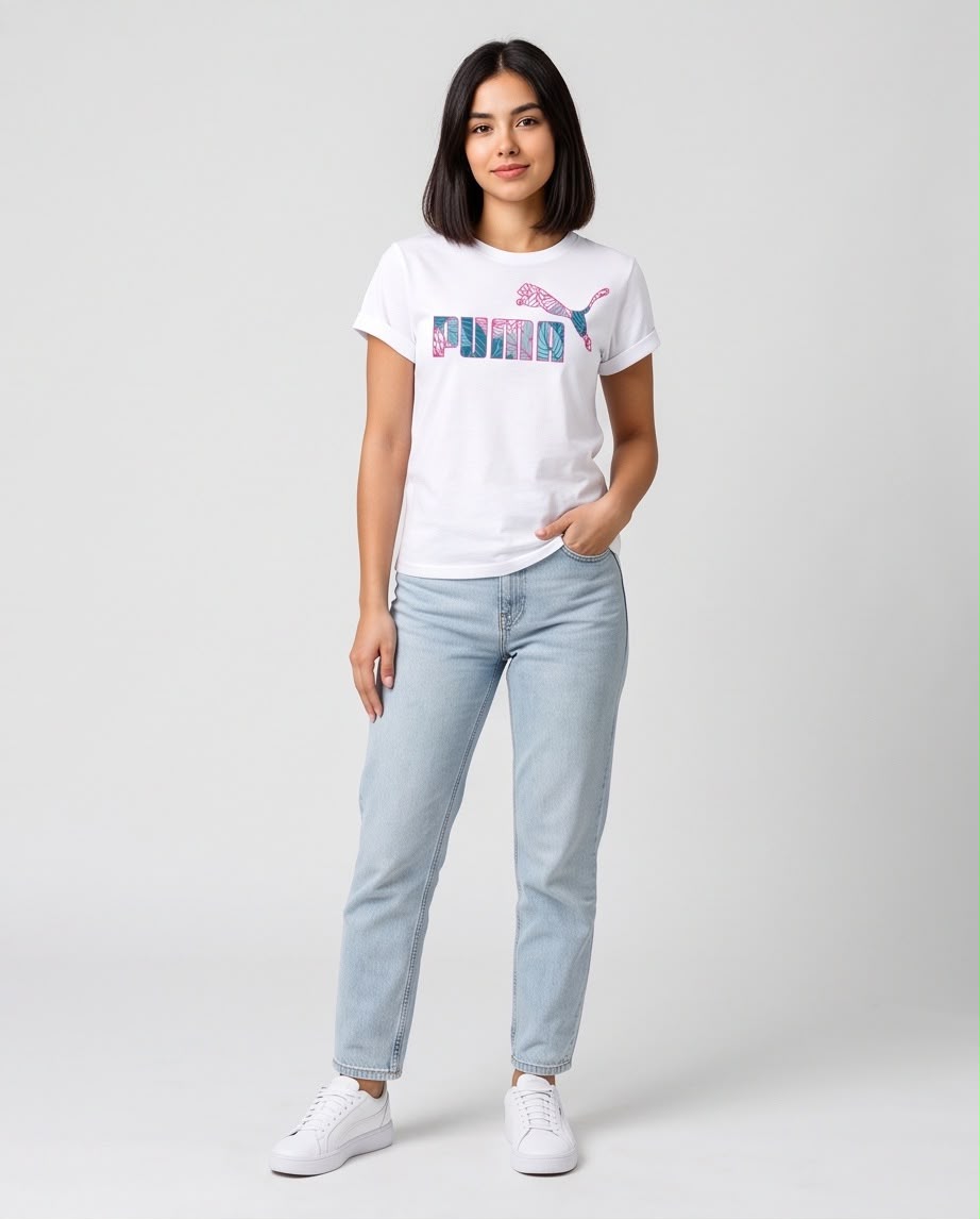 Detalle del logo Puma con hojas tropicales en rosa turquesa y azul