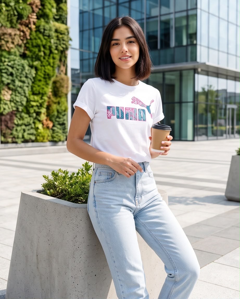 Camiseta blanca Puma logo hojas tropicales para mujer, vista frontal