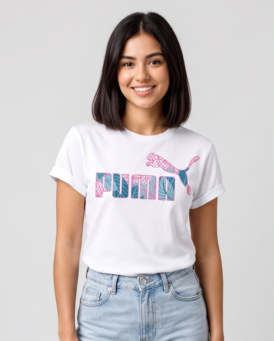 Camiseta blanca Puma logo tropical para mujer, vista de cuerpo completo