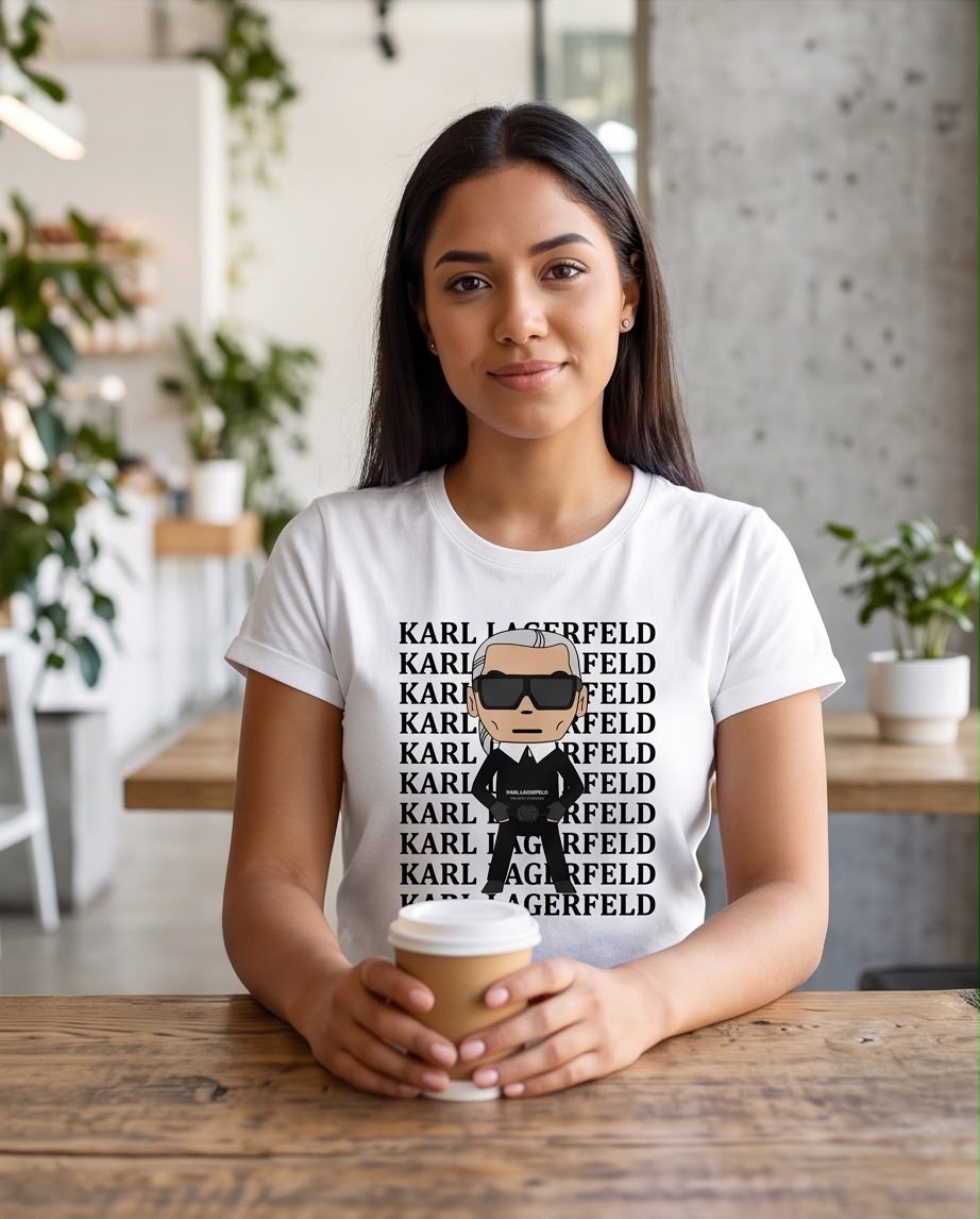 Camiseta blanca Karl Lagerfeld con personaje y texto repetido, vista en cafetería