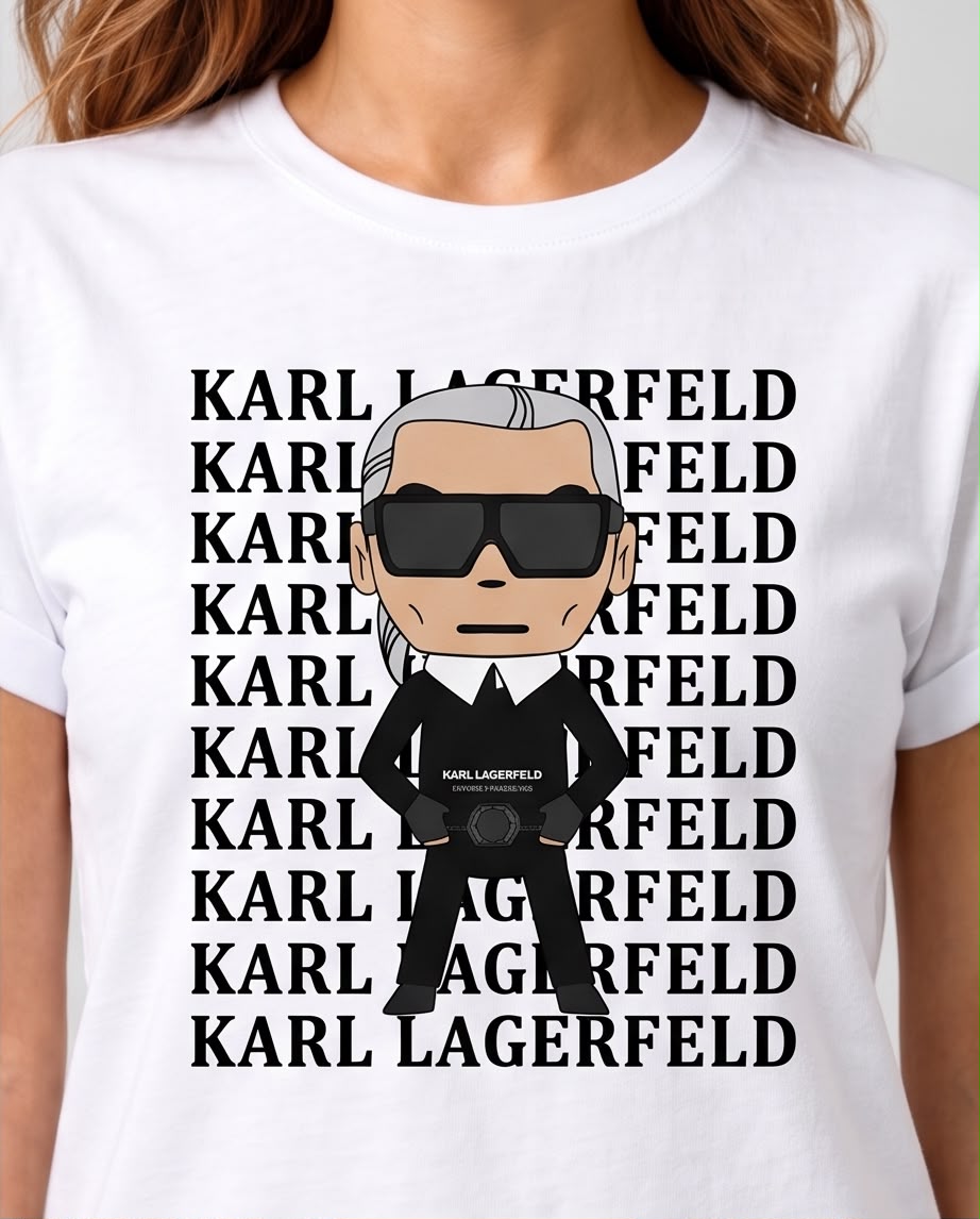 Camiseta blanca Karl Lagerfeld personaje y texto repetido, vista frontal