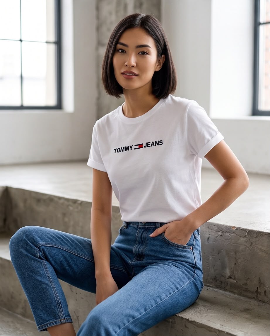 Camiseta blanca Tommy Jeans con logo y bandera para mujer, vista lateral en exterior
