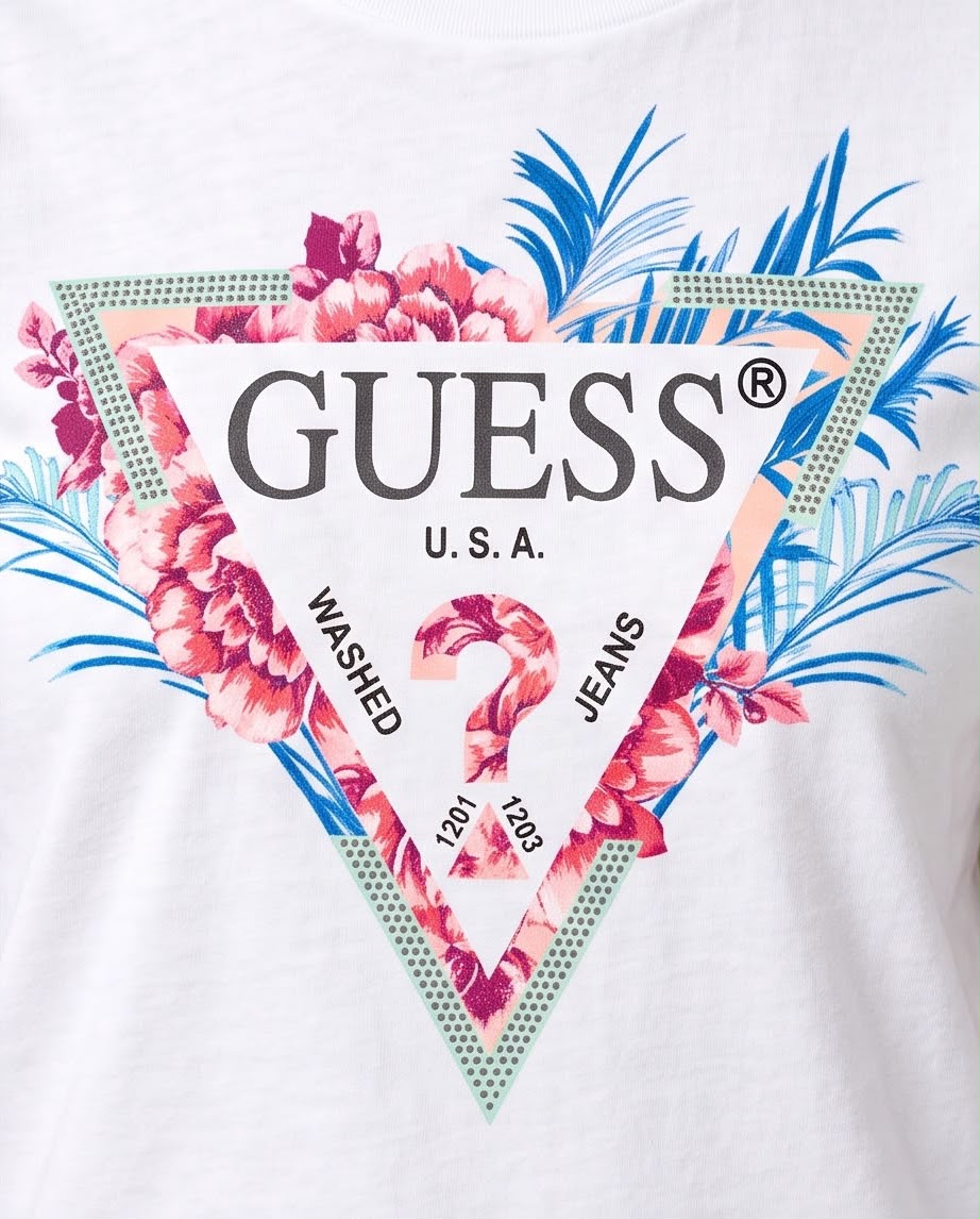 Camiseta blanca Guess floral para mujer, vista lateral