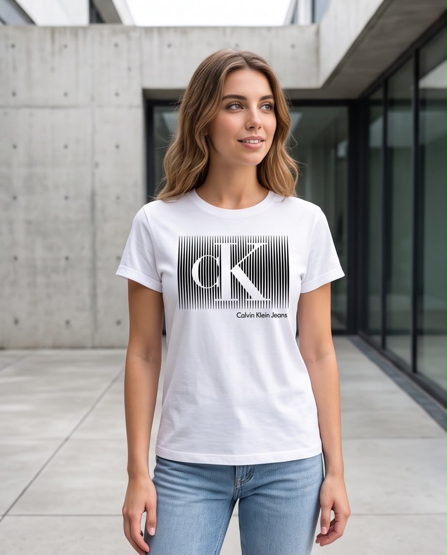 Camiseta blanca de mujer con estampado CK de líneas negras, vista en exterior