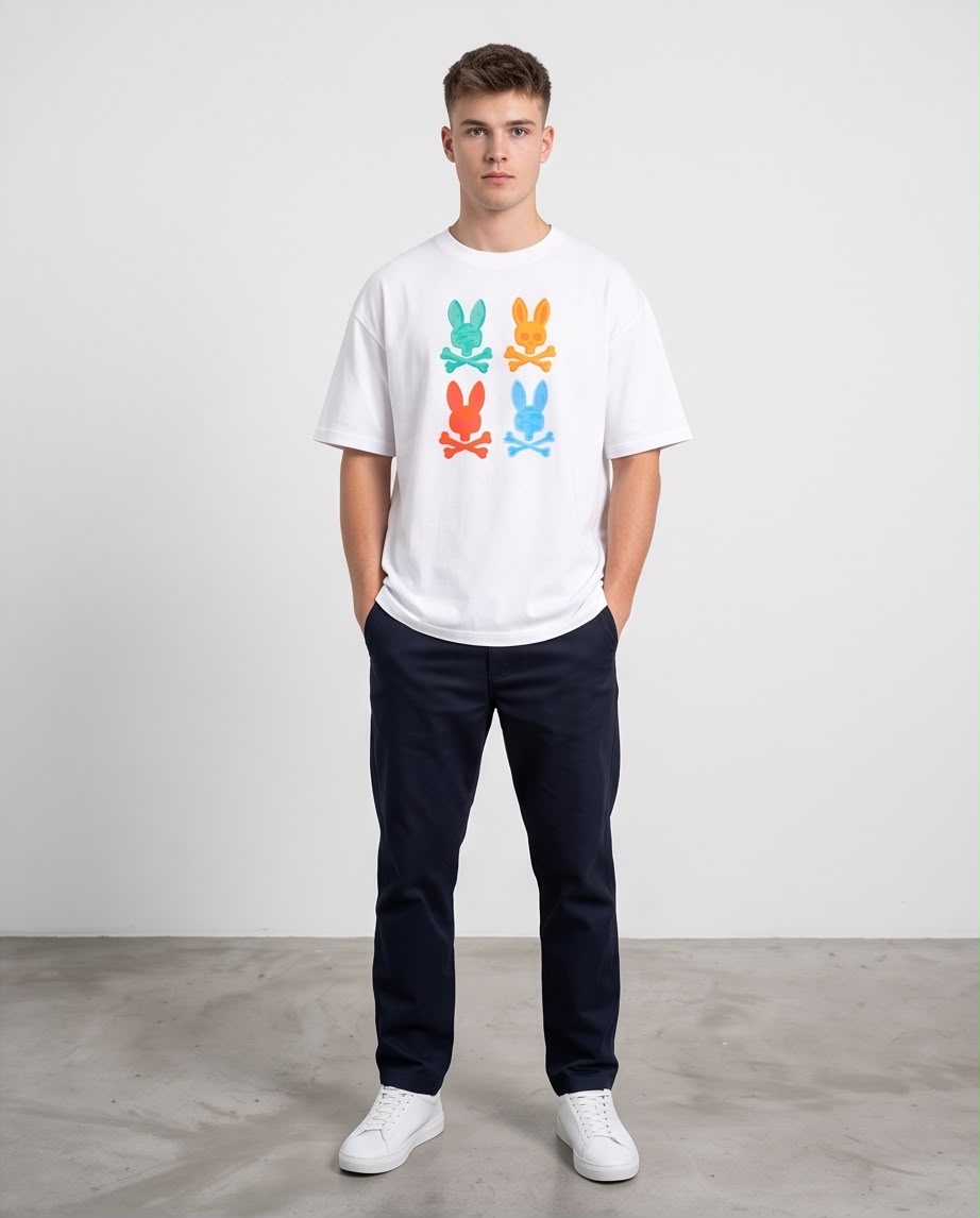 Camiseta blanca de hombre con estampado de calaveras de conejo, vista en exterior