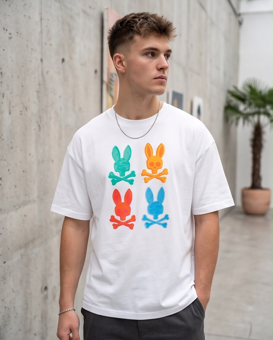 Camiseta blanca de hombre con estampado multicolor, vista frontal