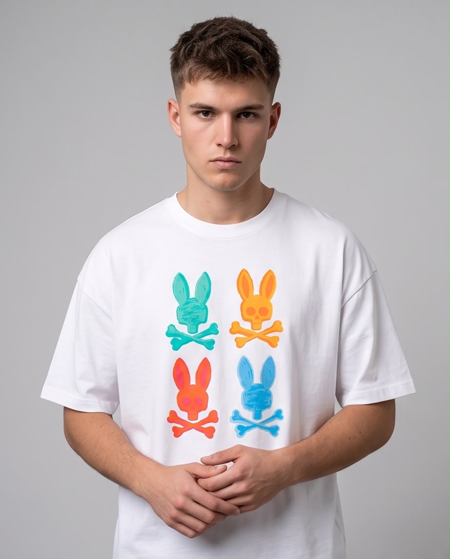 Camiseta blanca de hombre con cuatro calaveras de conejo multicolor, vista completa