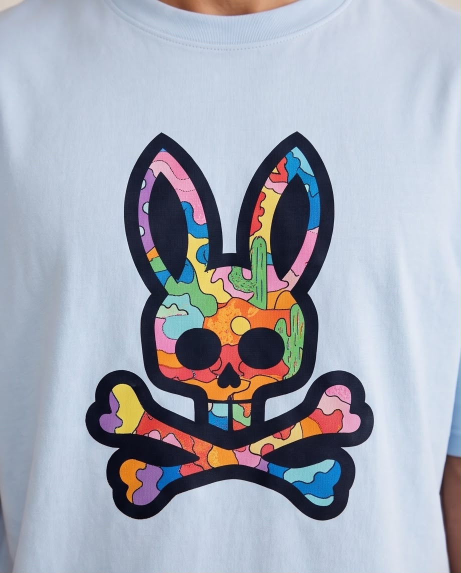 Detalle del estampado de calavera de conejo multicolor y cactus