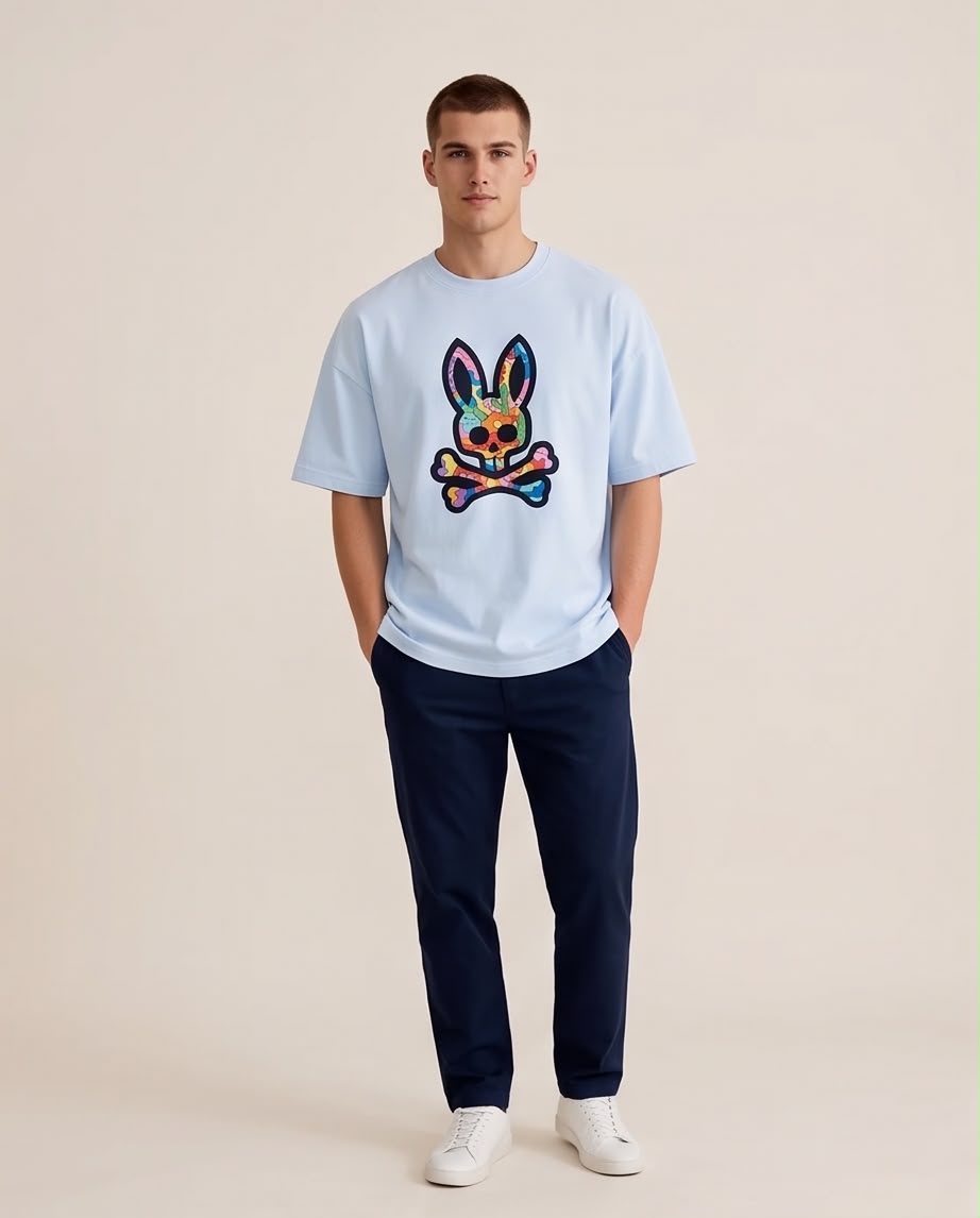 Camiseta azul claro calavera de conejo, vista lateral