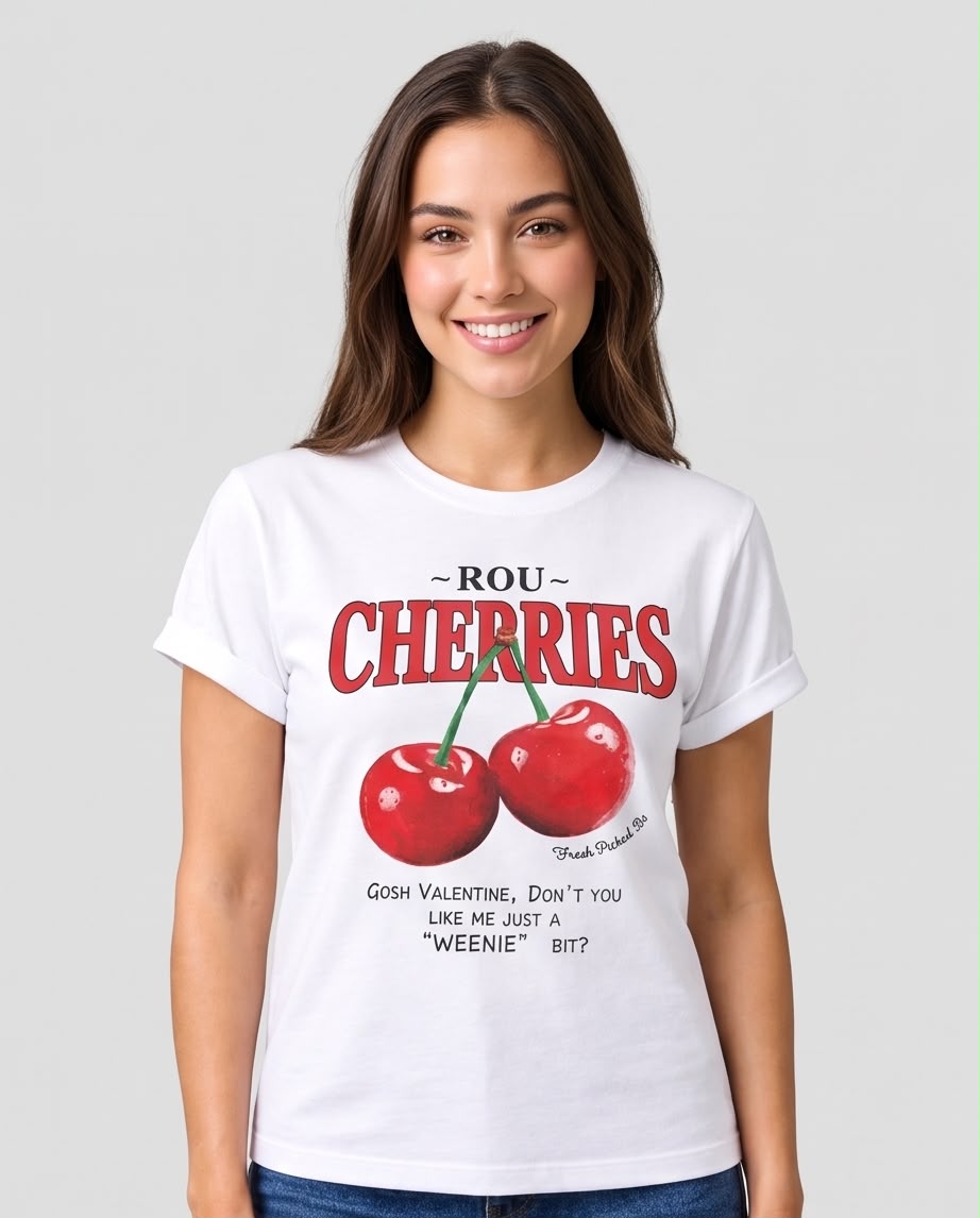 Detalle de dos cerezas rojas y texto Rou Cherries