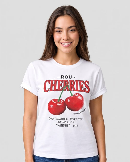 Detalle de dos cerezas rojas y texto Rou Cherries