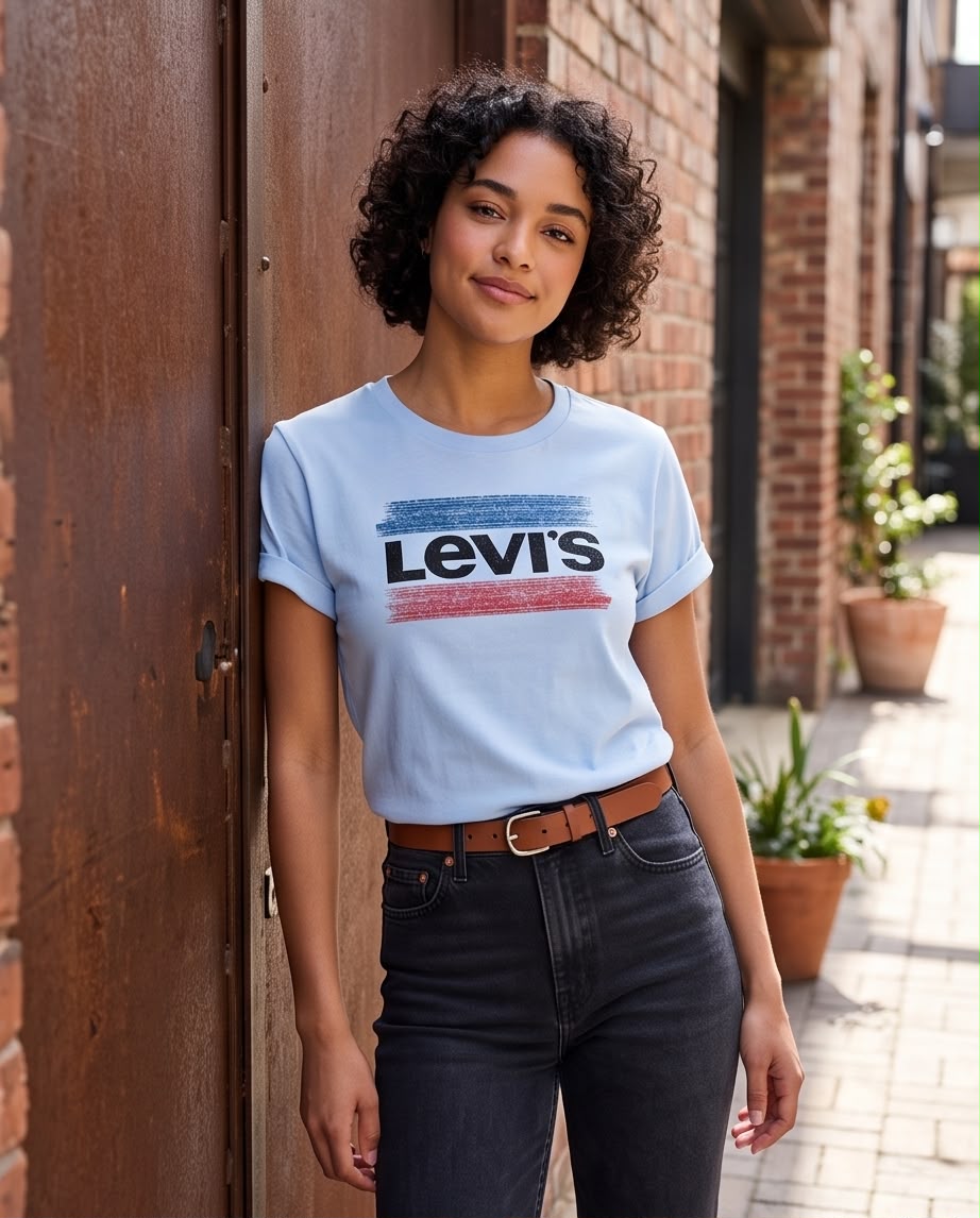 Detalle de logo Levi's negro con franjas azul y rosa