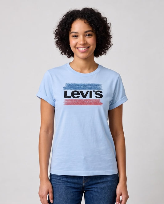 Camiseta azul claro Levi's franjas azul rosa vista frontal