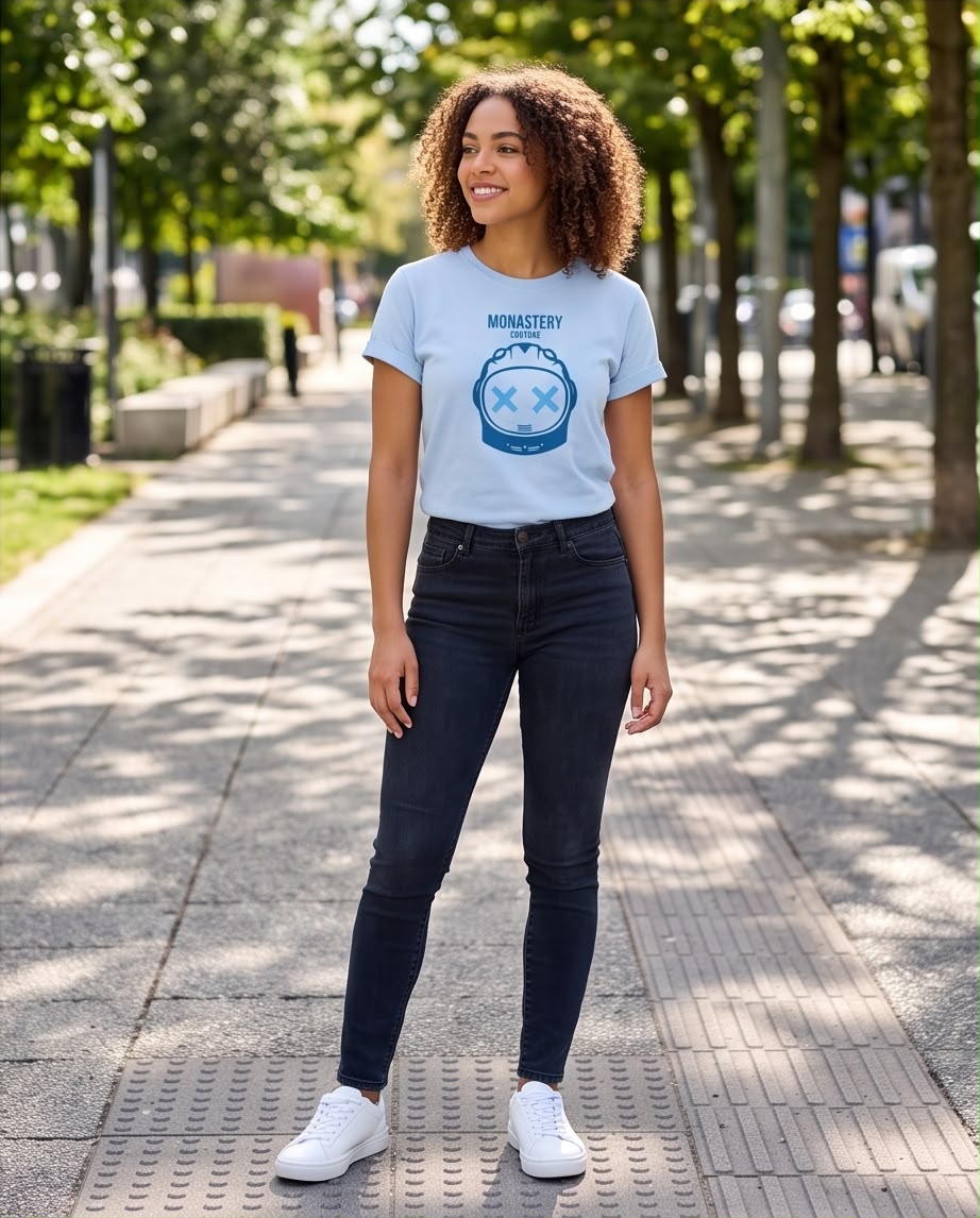 Camiseta azul claro Monastery Couture look completo en exterior