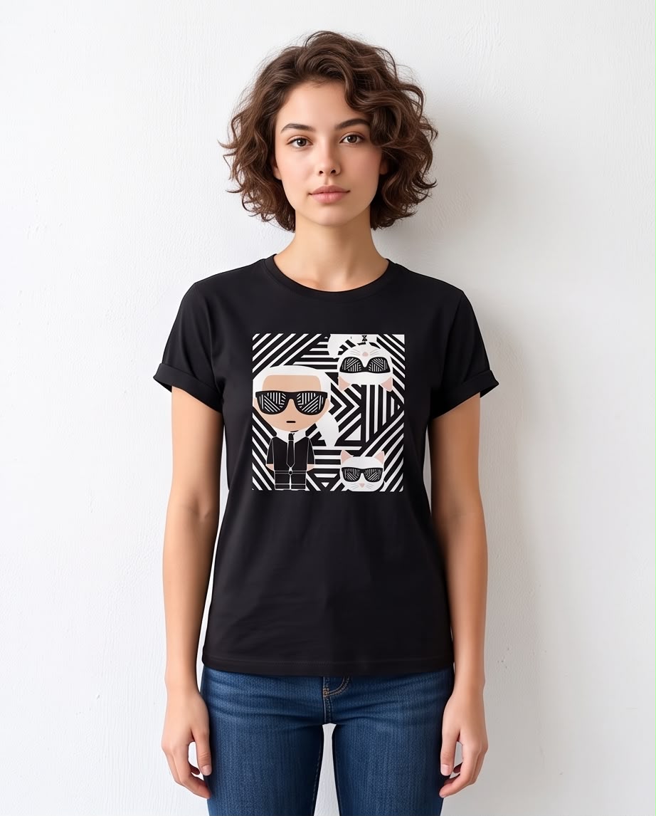 Camiseta negra Karl y Choupette geométrico en modelo sentada