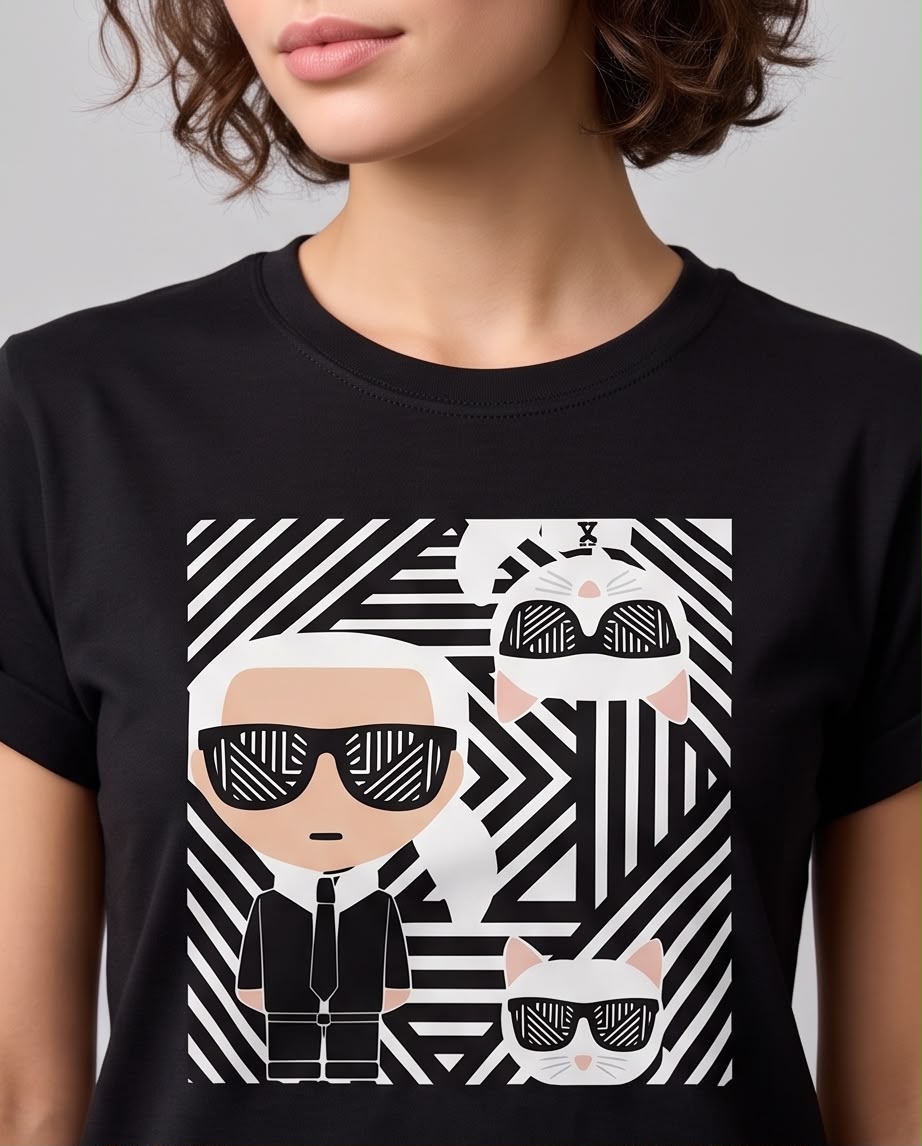 Camiseta negra Karl y Choupette geométrico vista frontal