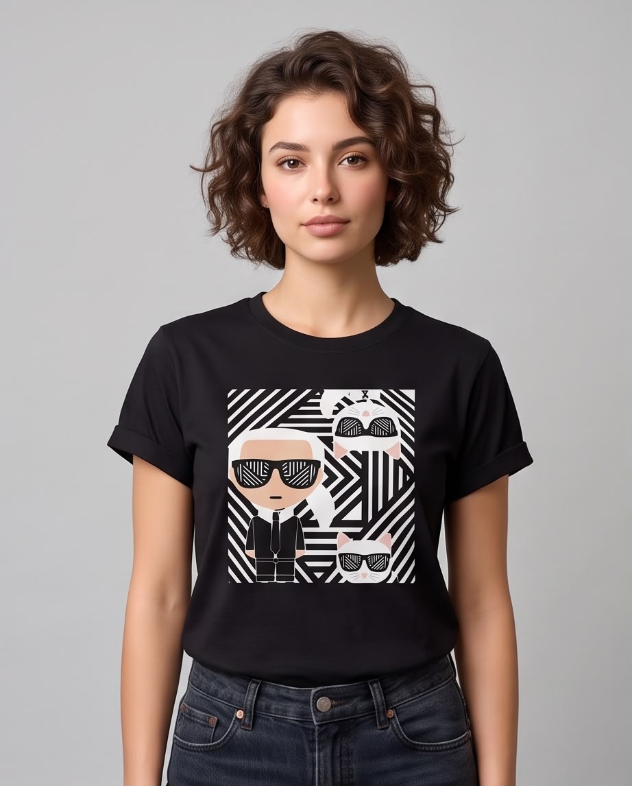 Camiseta negra Karl y Choupette geométrico vista completa